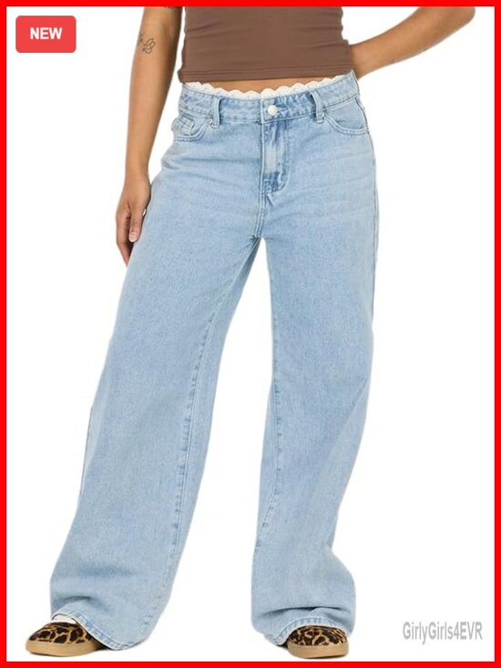 Denim - Women's Wide-Leg High-Rise Jeans with Lace Waistband - Cotton Blend